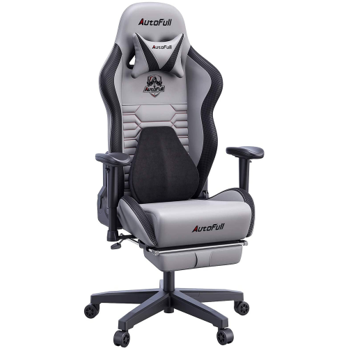 Official AutoFull Gaming Chair Grey PU Leather Footrest Racing Style Computer Chair, Headrest E-Sports Swivel Chair, AF083GPJA